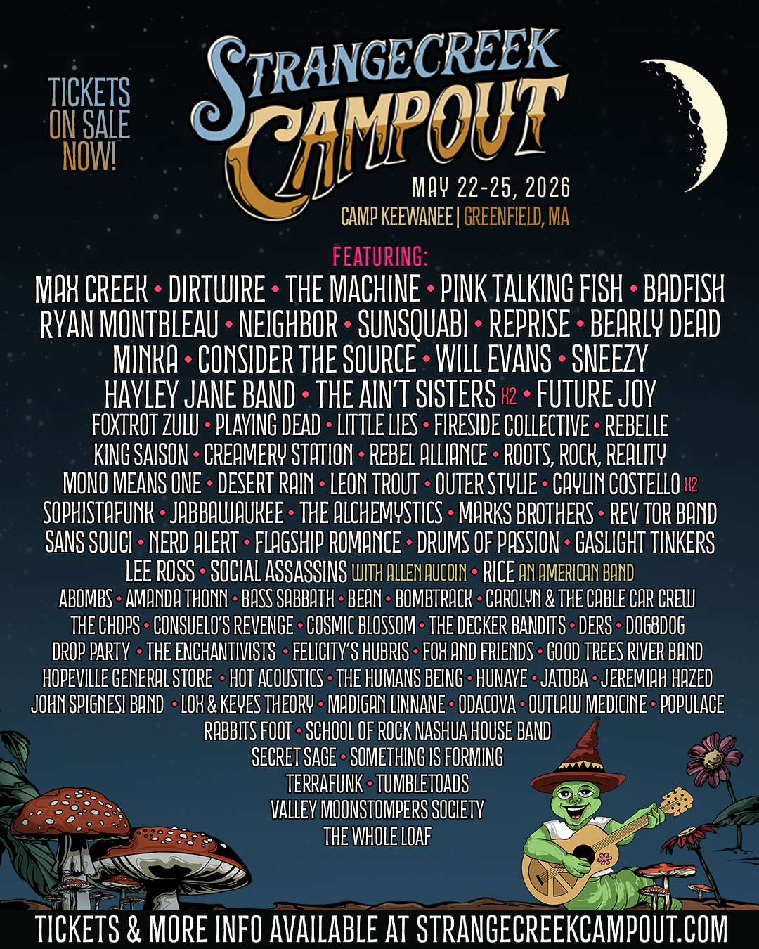 StrangeCreek Campout 2026 official lineup poster — Max Creek, Dirtwire, The Machine, Pink Talking Fish, Badfish, Ryan Montbleau, Neighbor, Sunsquabi, Reprise, Bearly Dead, and 60+ more